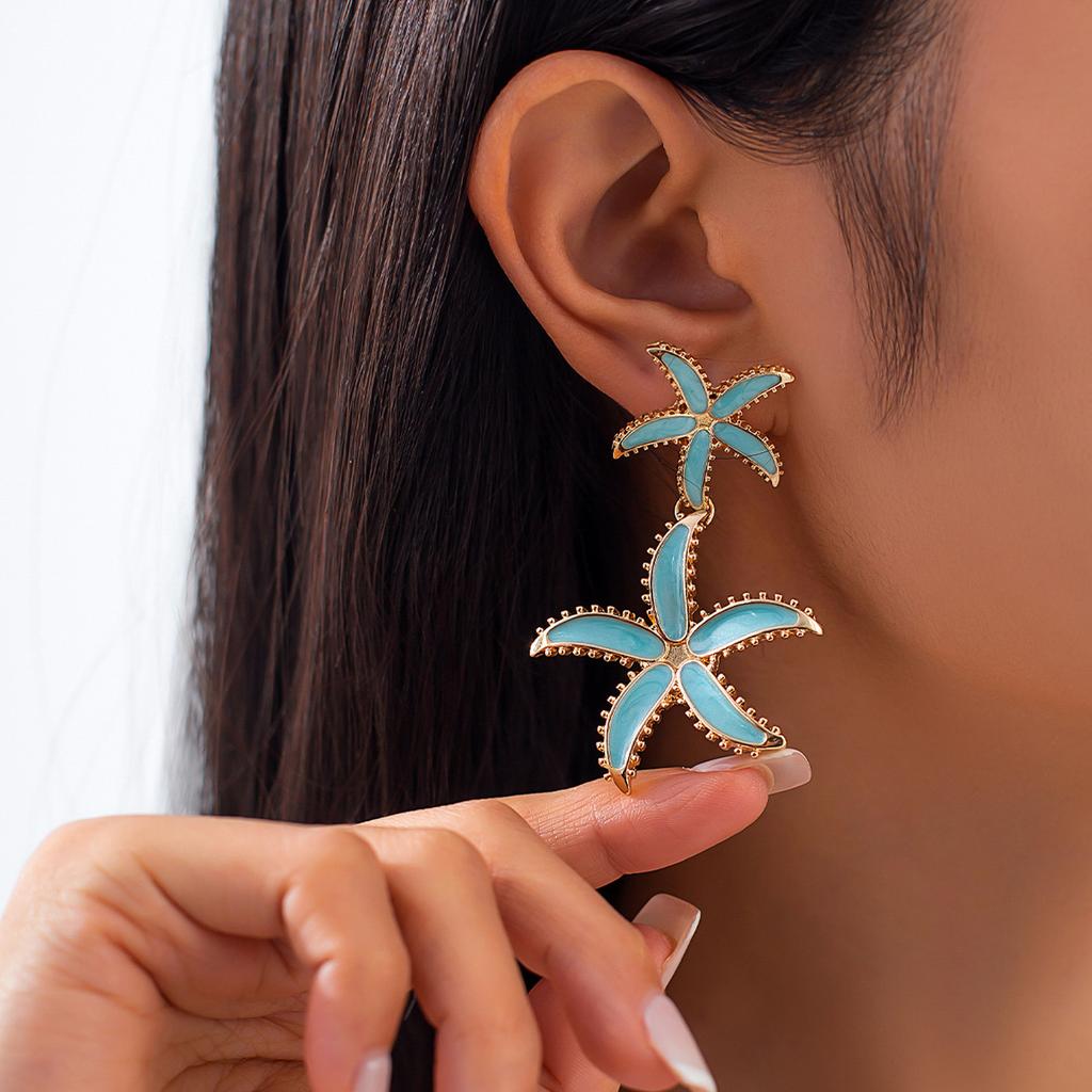 Fashionable Alloy Blue Color Starfishes Drop Earrings Flower Pendant Piercing Ear Accessory for Parties and Gatherings
