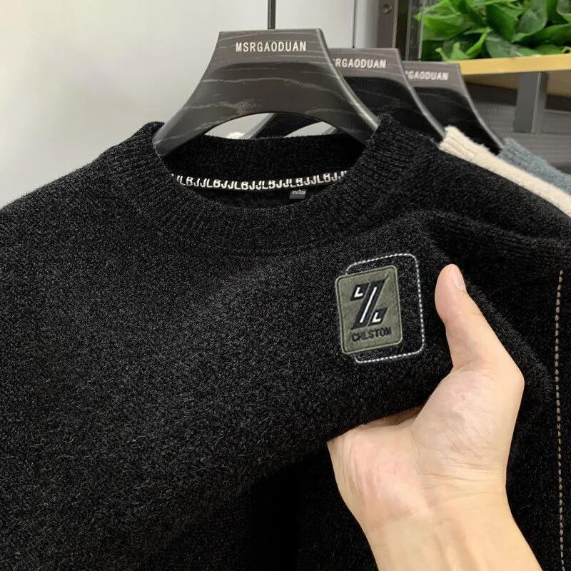 Men's Sweatercoat Autumn Winter O-Neck Knit Letter Plush Fleece Lined Warm Wool Pullover Sweater Men Bottoming Pullovers Jumper