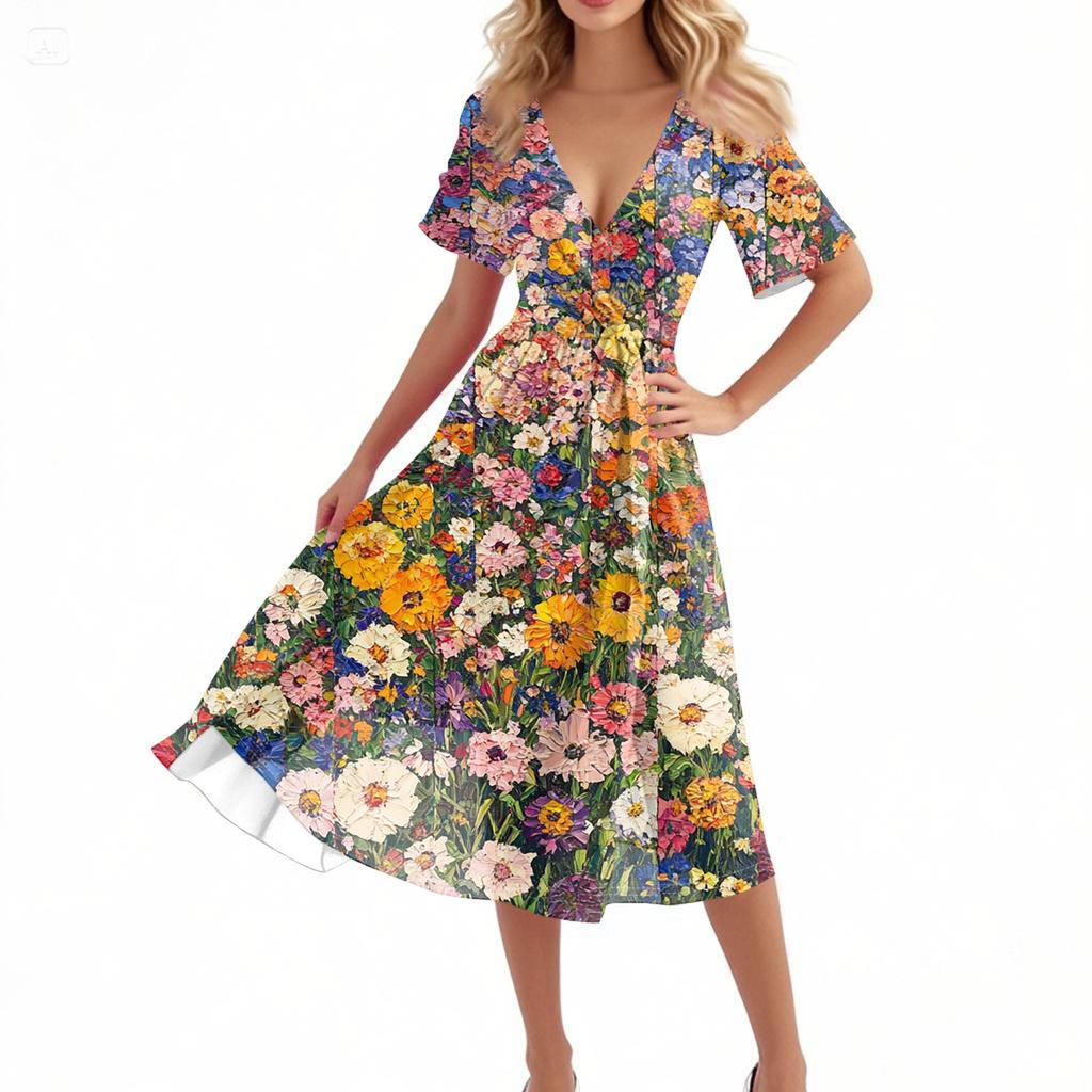 Women's Casual Fashion Flared Skirt V-neck Short-sleeved Floral Print Dress