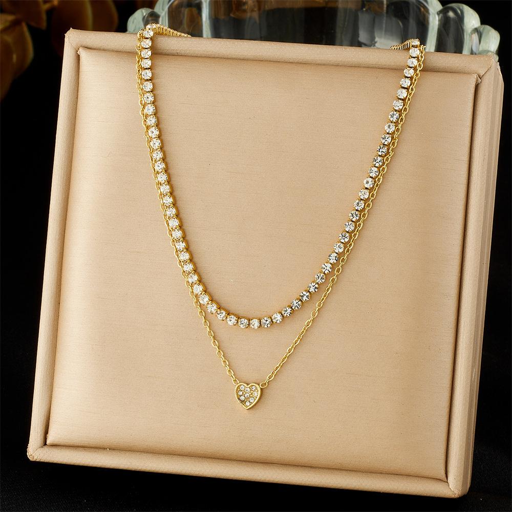 Fashion Simple Commuting Diamond Round Heart Pendant Accessories Double Layer Stacked Full Diamond Necklace