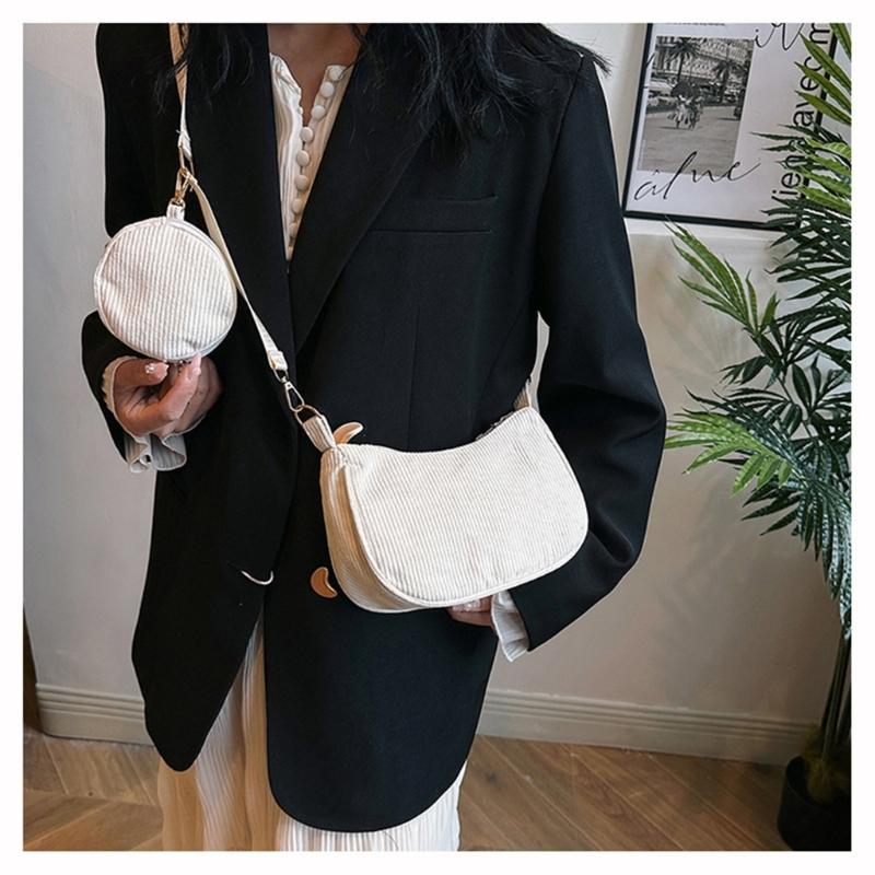Womens Fashion Solid Color Corduroy Underarm Bag with Coin Purse Pouches Shoulder Crossbody Bag for Shopping Dating Work