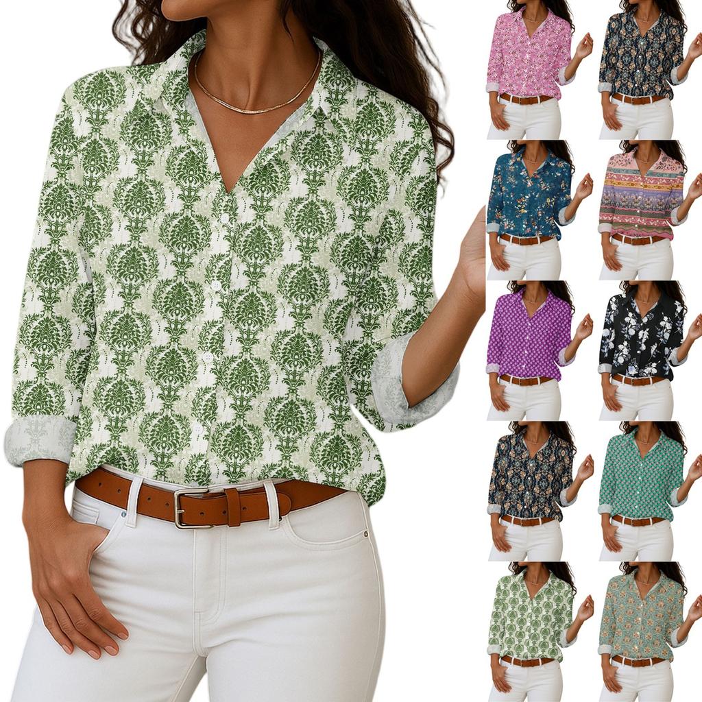 Women's Shirt With Floral Print Buttons, Long Sleeved Casual Regular Shirt Blouses Casual Plus Size Basic Tops