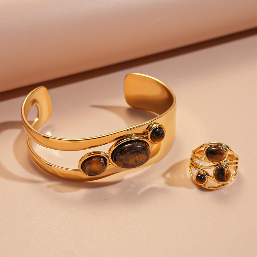 18k real gold electroplated stainless steel tiger's eye stone oval opening bracelet retro bracelet