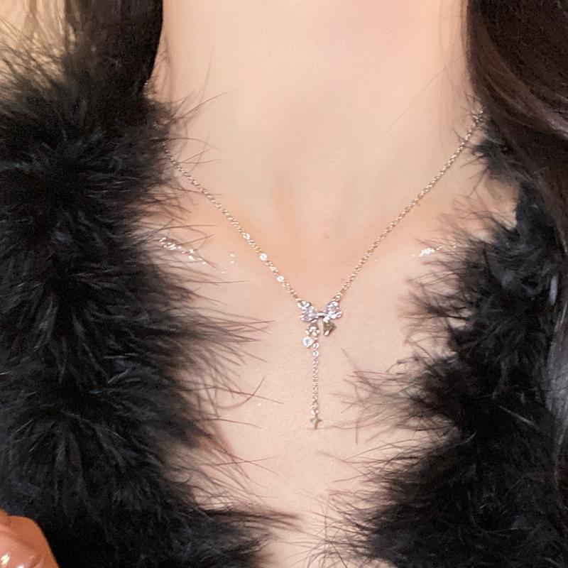 

S925 Sterling Silver Bow Necklace for Women - Clavicle Chain with Zircon Tassel Pendant