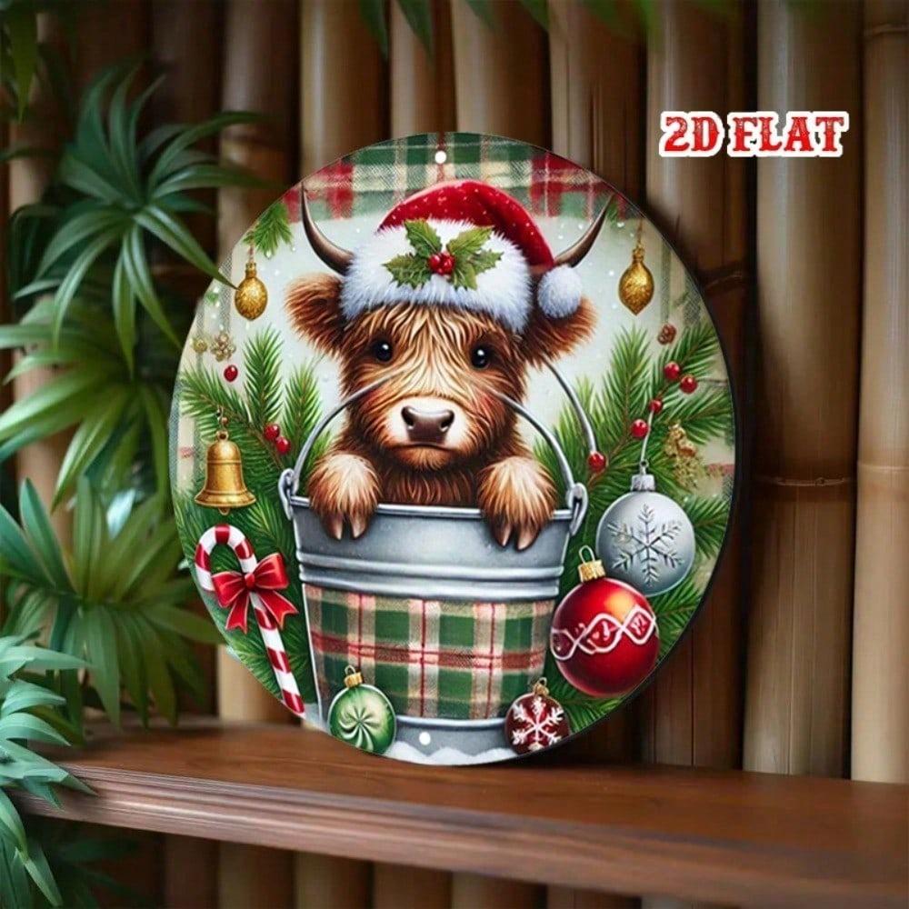 Rustic Scottish Highland Cow Metal Wall Art Round Plaque Farmhouse Decor 7.8 Inch