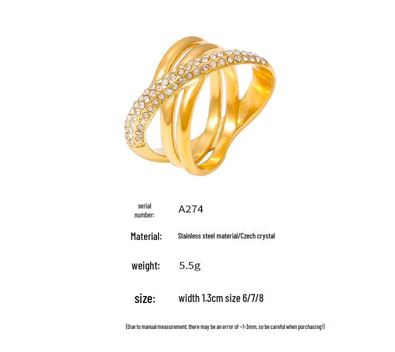 18k Gold-Plated Vintage Criss-Cross Diamond-Set Ring - European & American Chic Style, Non-Fading Stainless Steel.