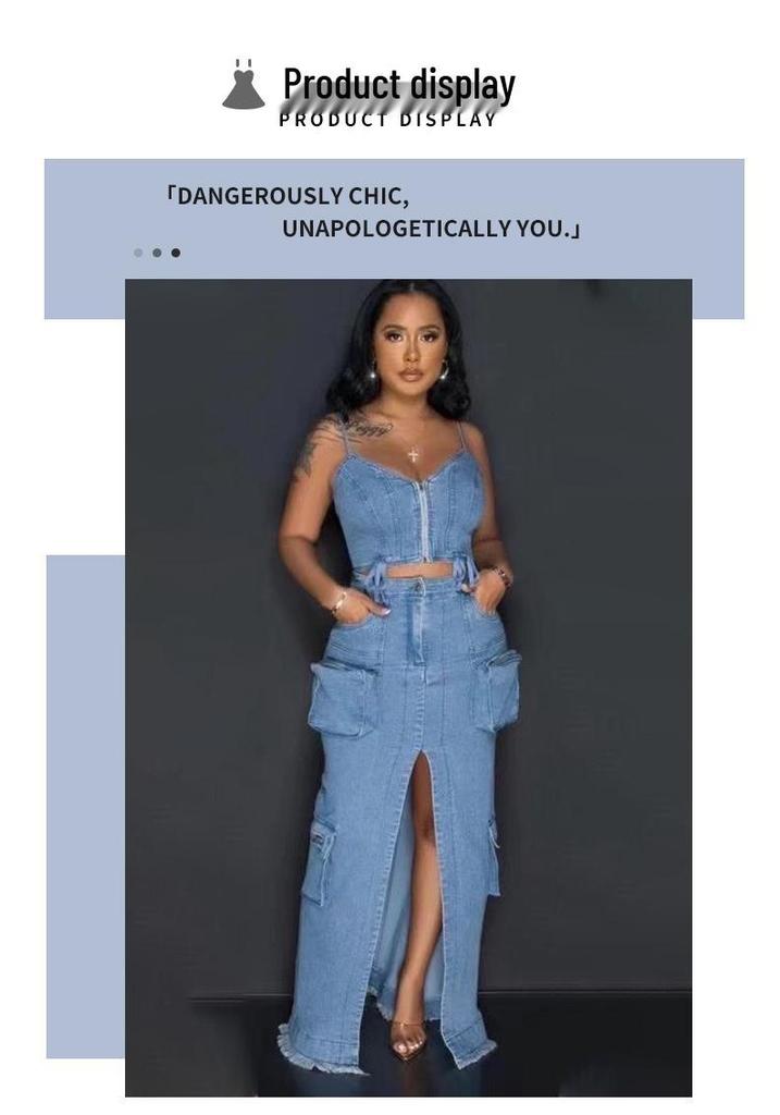 Stylish Denim Suit with Exposed Navel Zipper Top & Multi-Pocket Split Long Skirt