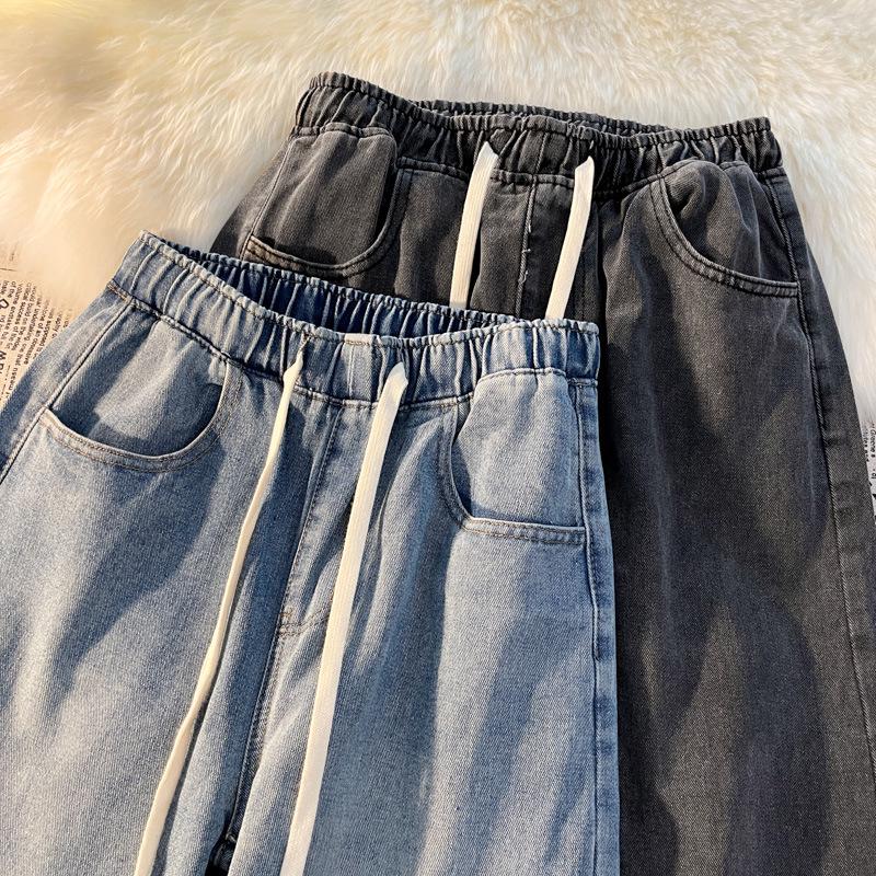 Women's Light Blue Elastic Waist Denim Jeans: Spring/Summer Loose, Slim, Straight, Wide-Leg, Petite, Casual, Comfortable.