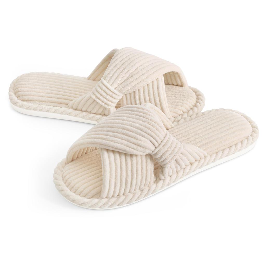 Fashion Kidmi Corduroy Women Slippers Indoor Open Toe House Shoes Memory Foam Slides With Adjustable Bow Strap Spring New Lady Slippers
