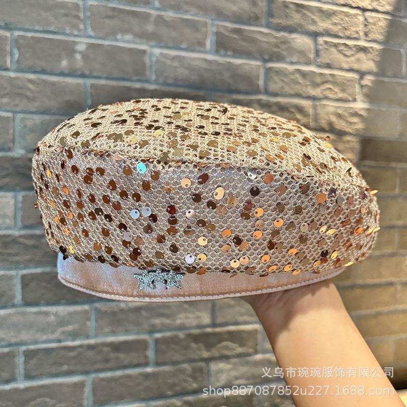 New Sequined Beret Children Spring and Autumn Versatile Show Face Small Painter Hat Show Face Small Big Head Circumference Newsboy Hat