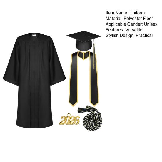 Academic Graduation Gown Set Breathable V-Neck Uniform for School Long Sleeve Polyester Soft Ceremony Diploma Photography