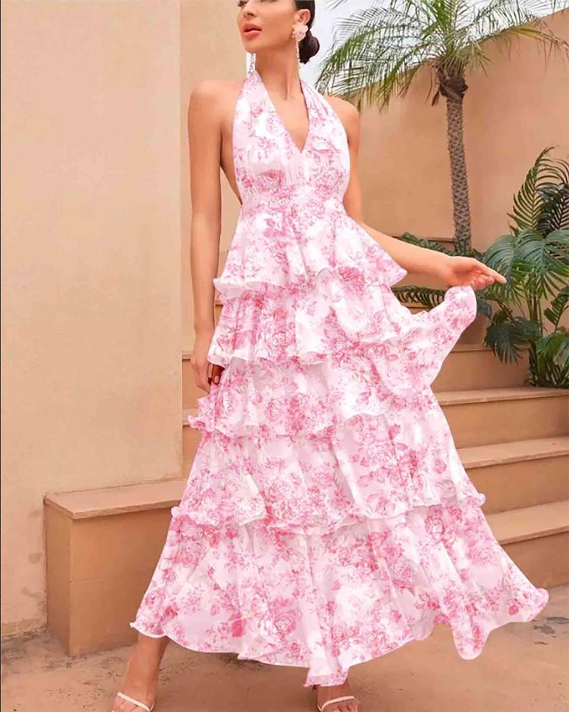 Spring 2025 new foreign trade European and American women's dress fashionable and sexy V-neck suspender multi-layer printed dress
