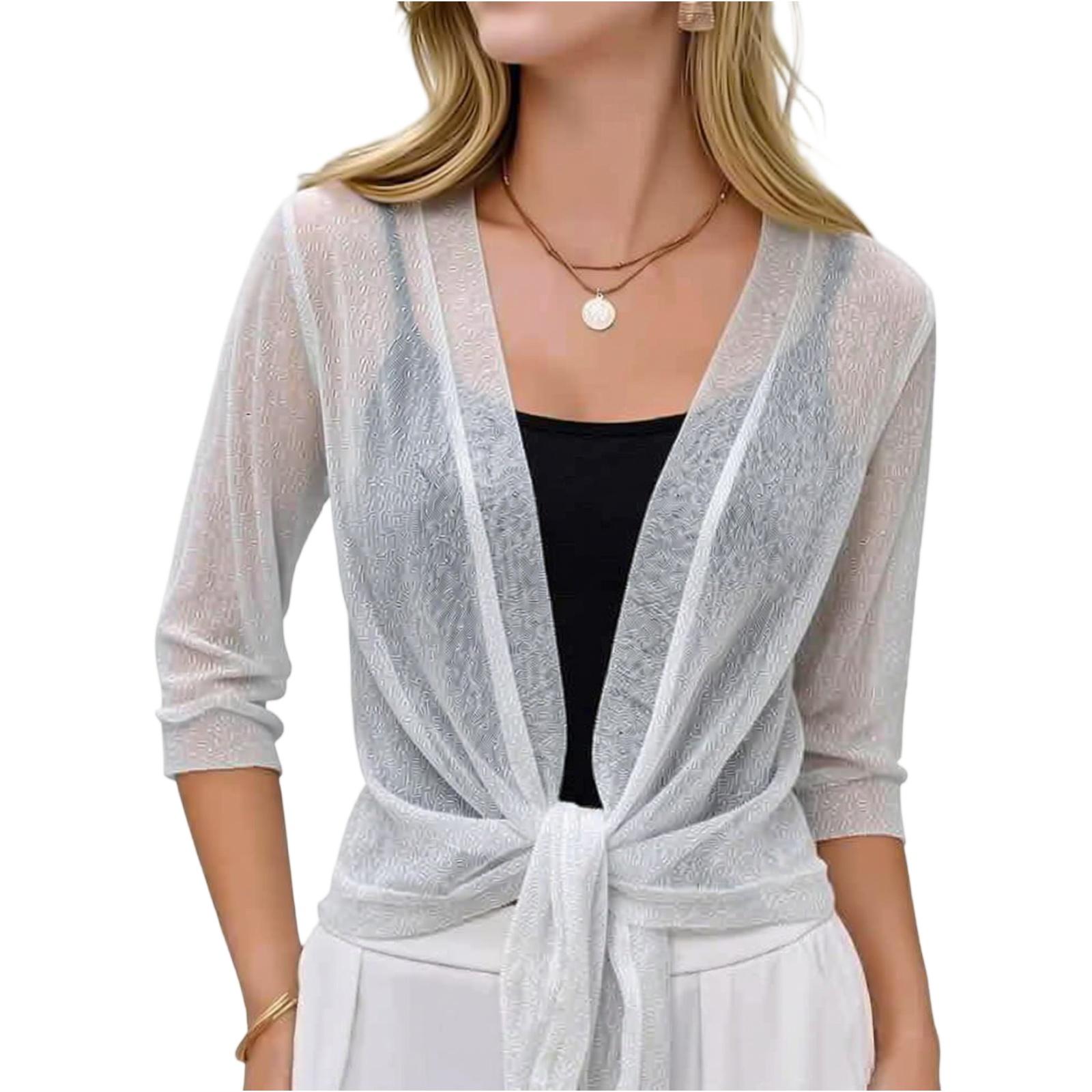 Master key Dames Sheer Mesh Open Voorkant Strik Taille Cropped Vest Driekwart Mouw Lichtgewicht Gebreide Top L wit