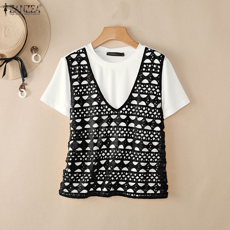 ZANZEA Women Casual Round Neck Mesh Patchwork Loose Short Sleeve T-Shirts