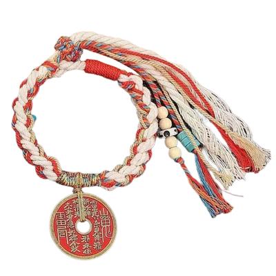 Tradictional Style Coin Pendant Bracelet with Adjustable Length Colorful Braided Hand Rope with Tassels Bead for Women