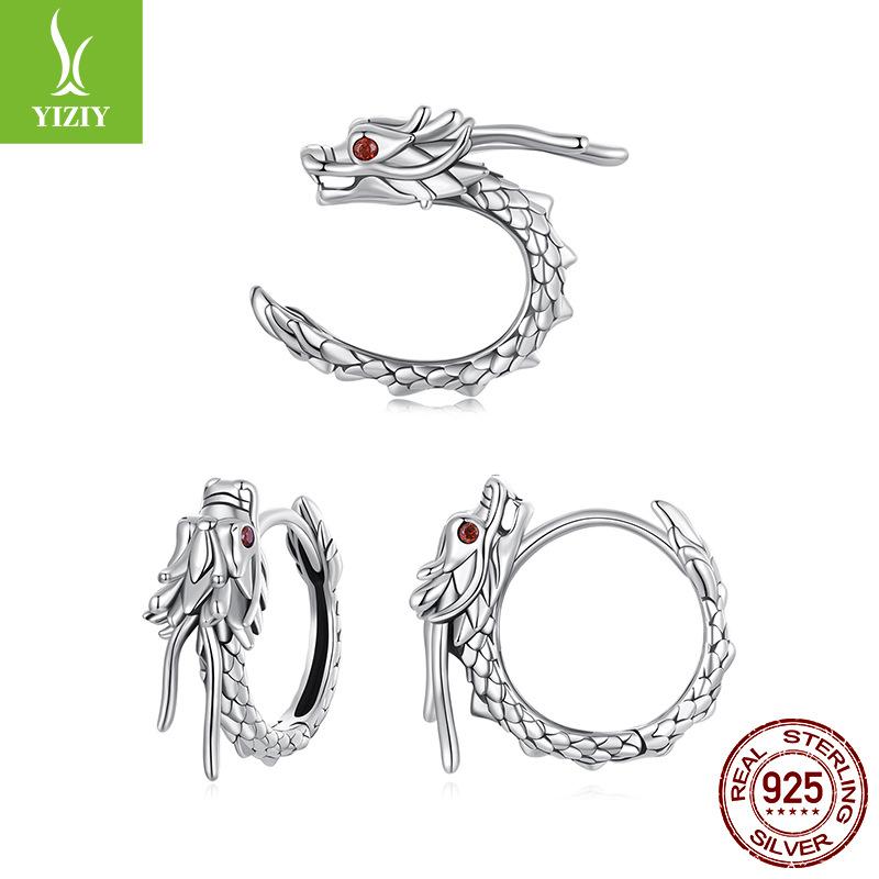 Retro Personalisierte Drachen Ohrringe Ohrknochen Clips, Mittelalterliche S925 Sterlingsilber Glücksohrringe Ohrringe