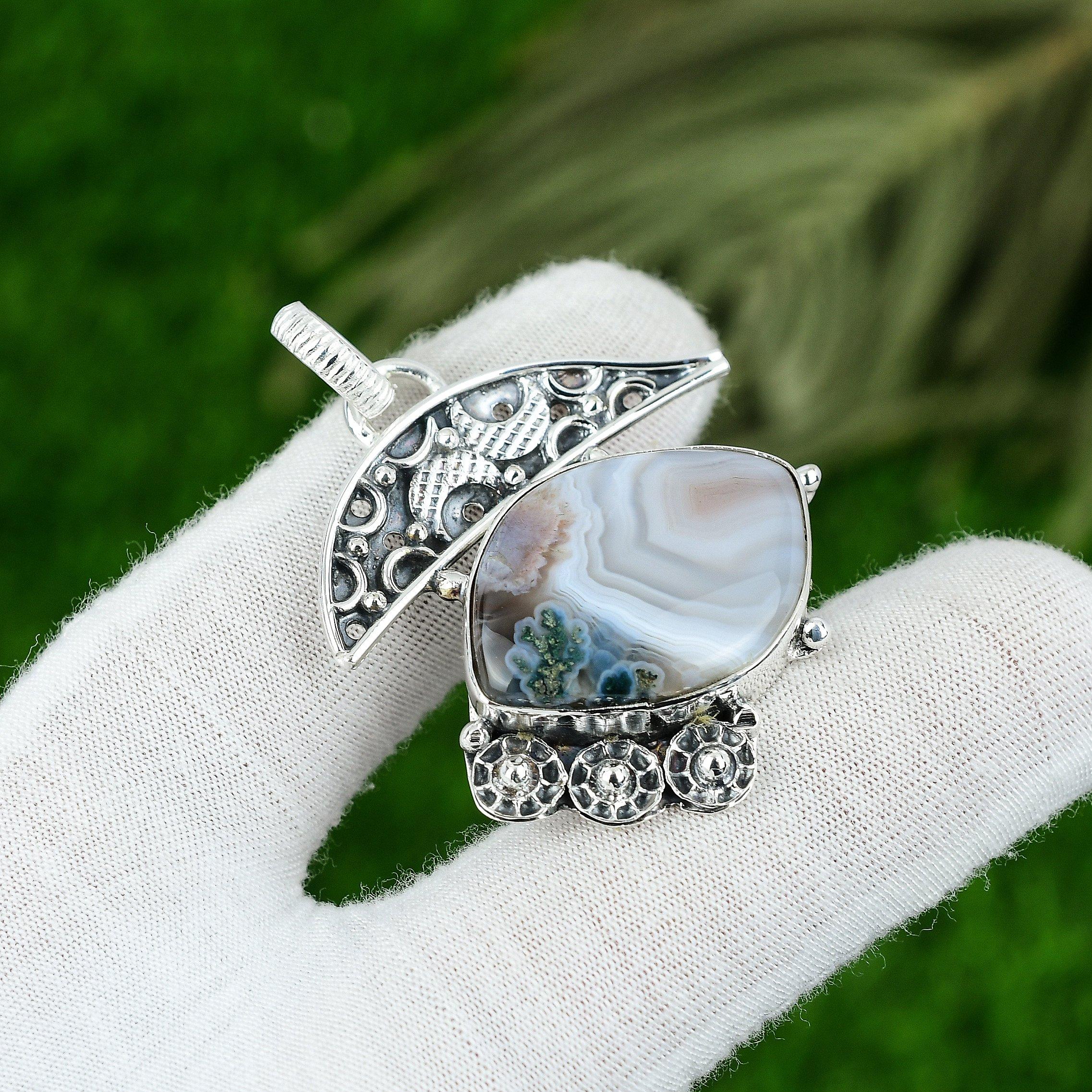 

Marquise Solar Moss Agate Gemstone Mother Anniversary Pendant Jewelry 925 Silver