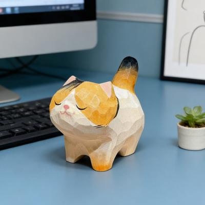 Cat Ornament Hand-Carved Wood Carving Compact Size Kitten Figure Wealth Symbol Desktop Car Bookshelf Decoration