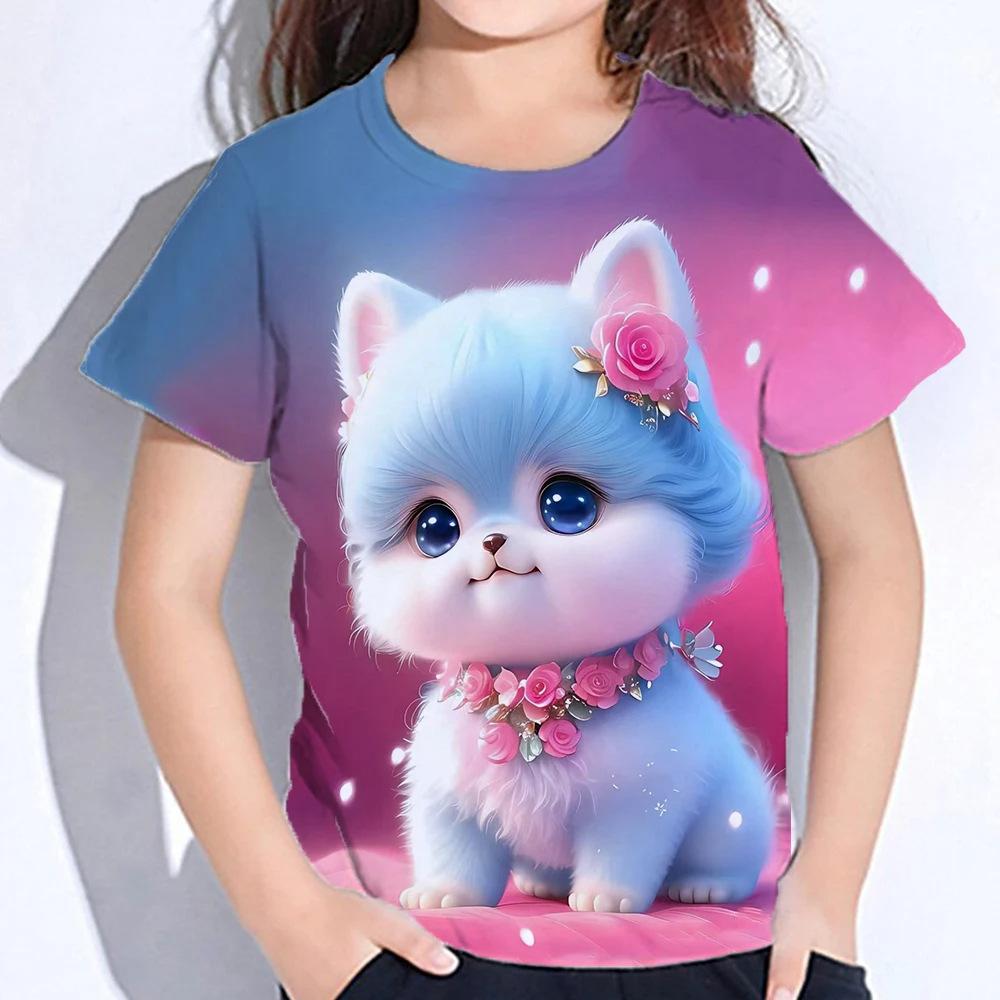 Summer Round Neck 3D Cute Cat Printed Top Fashionable Casual Short Sleeved Children's Girl T-shirts