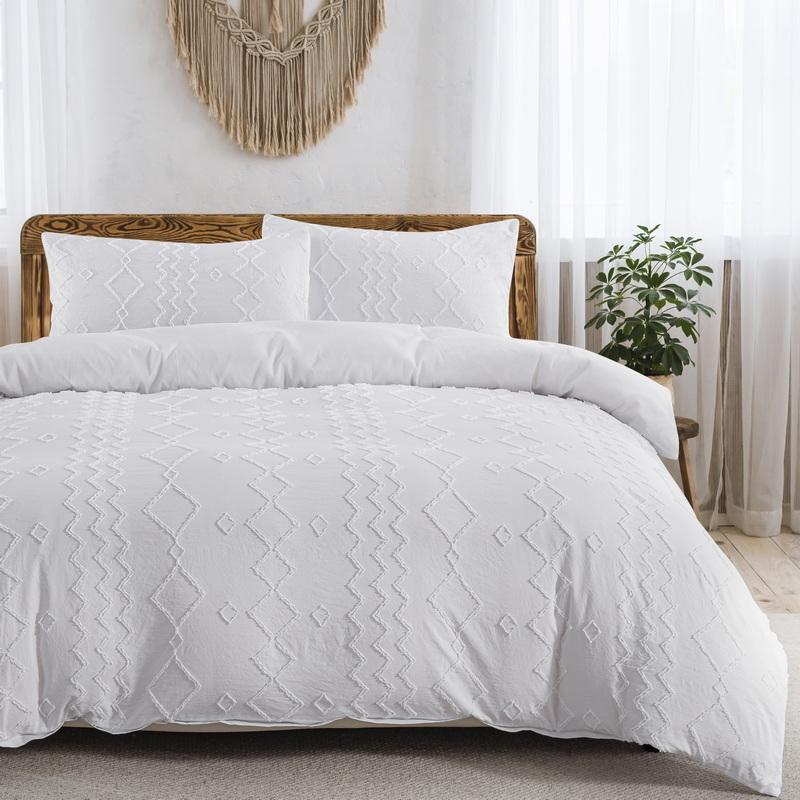 White Duvet Cover Queen Boho Tufted Microfiber Bedding Set for All Seasons, Embroidery Shabby Chic Comforter Covers with Zipper