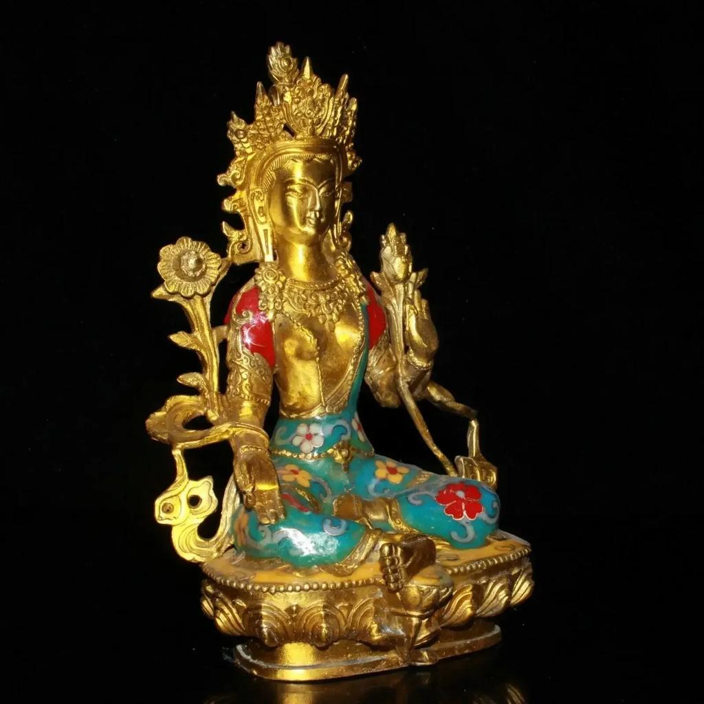 High 21CM Cloisonne Copper Kwan-yin Guanyin Statue Old Brass Statue Offering Table Decor