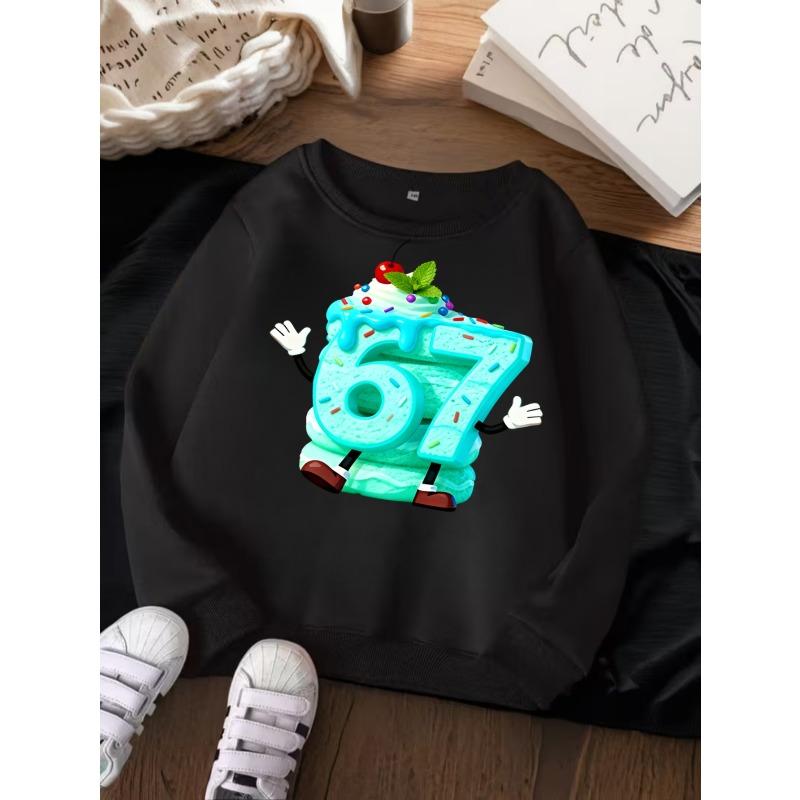 Unisex Kids Crewneck Sweatshirt For Over 4 Years Old Boys Girls Cute Mint Ice Cream Number 67 Cartoon Print Red Long Sleeve Pullover For 4-12 Kids