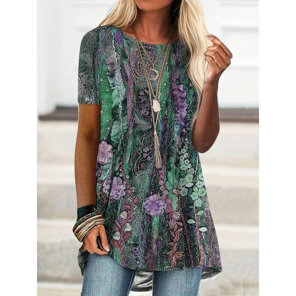 Plus Size 2025 European and American Women's Summer Printed Casual Loose Women's Casual T-Shirt Women's Plus Size Tops