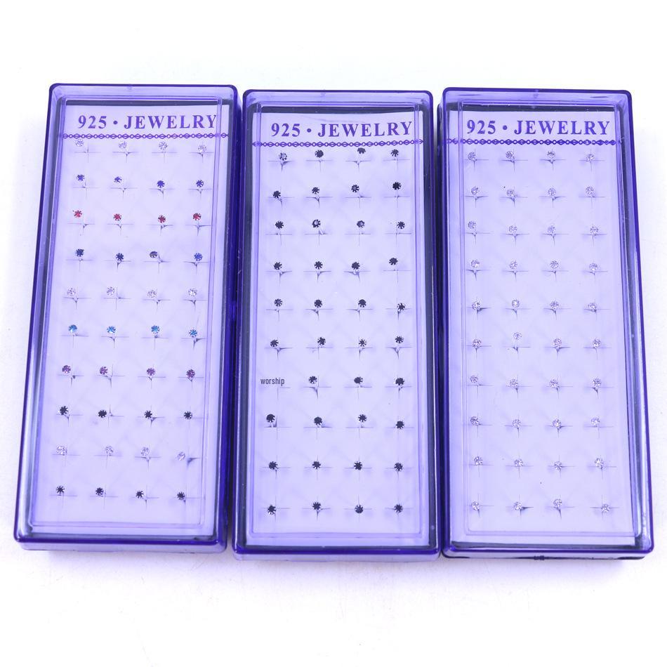 Boxed Copper-Plated Imitation Silver 2mm Rhinestone Stud Earrings in Korean Style (20 Pairs)