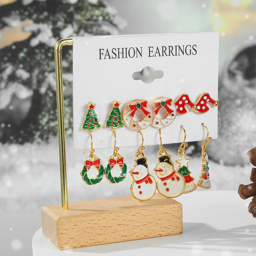 Set 9 Paia Orecchini Pendenti Natale Donna: Legno E Acciaio Inox, Motivi Alce Babbo Natale Campana