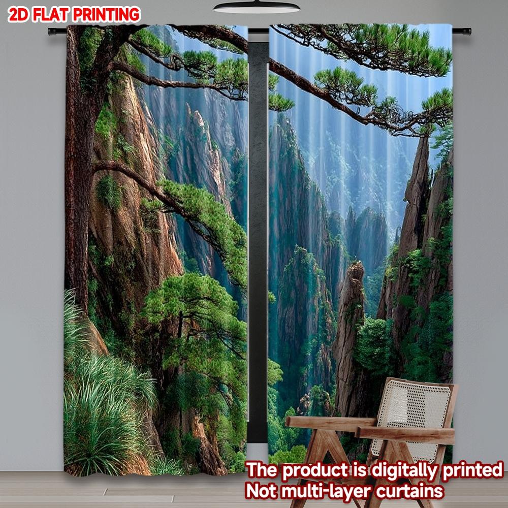 Set Of 2 Pine Tree Mountain Landscape Curtains Lush Green Forest Majestic Peaks Nature Themed Bedroom Living Room Curtain For Area Made Polyester
