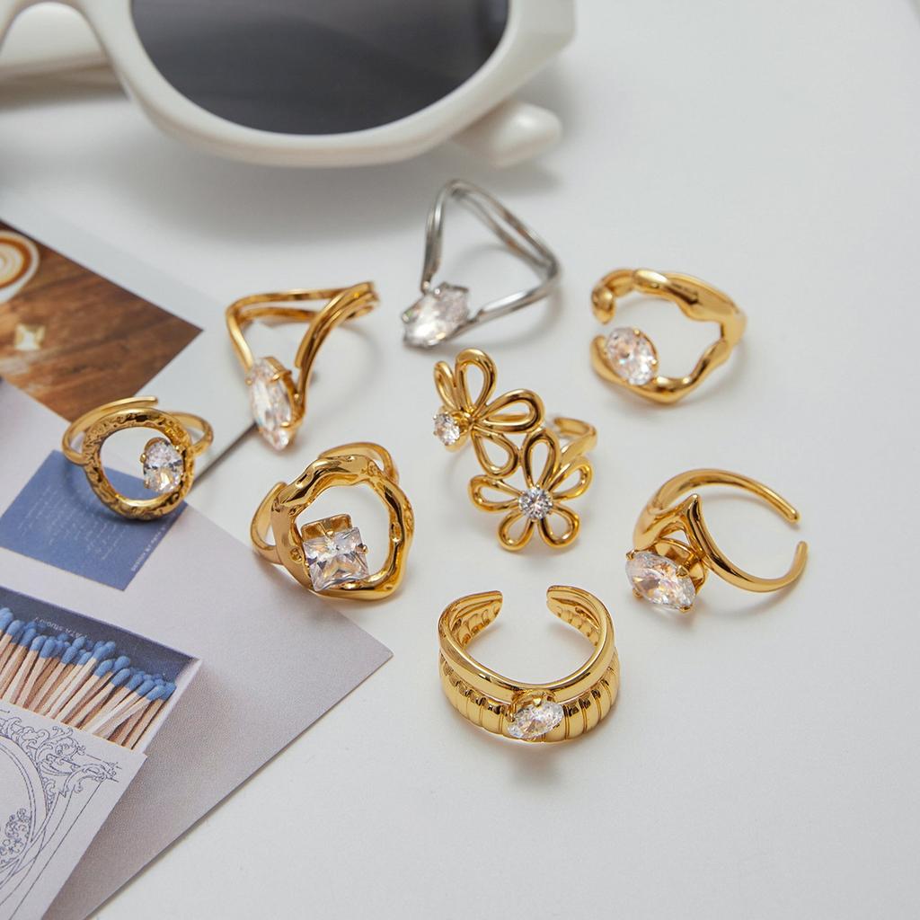 Youthway White Zircon Setting Metal Geometric Ring Stainless Steel Fashion Finger Jewelry Waterproof Minimalist Adjustable Ring