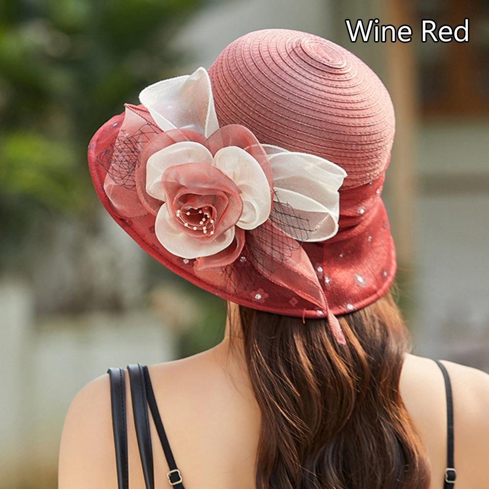 

Fashion Organza Print Bucket Hat Wide Brim Flower Decor Dotted Fisherman Hat UV Protection Breathable Sunshade Cap Women s вино красного