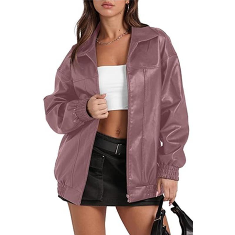 Leather Jacket Long Sleeve Lapel Zipper Side Pocket Casual Clothing Jacket Women