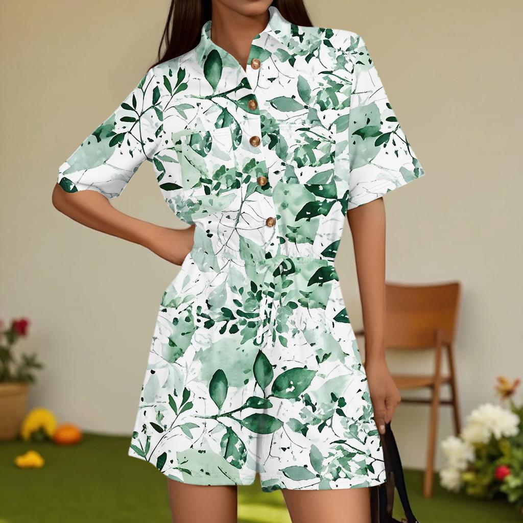 Damenmode V-Ausschnitt Jumpsuit Karomuster Lässig Kurzarm Top Jumpsuit