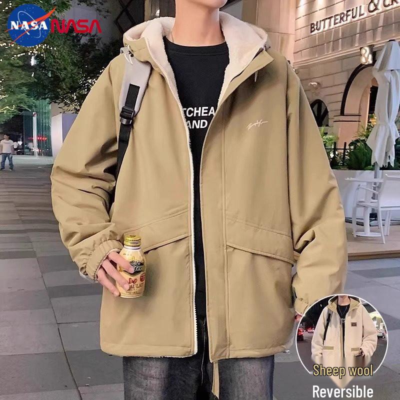 

NASA Men s Velvet Lambswool Hooded Jacket - Double-Sided Wear, Thickened, Loose Fit for Autumn and Winter. XL 135-150 lbs