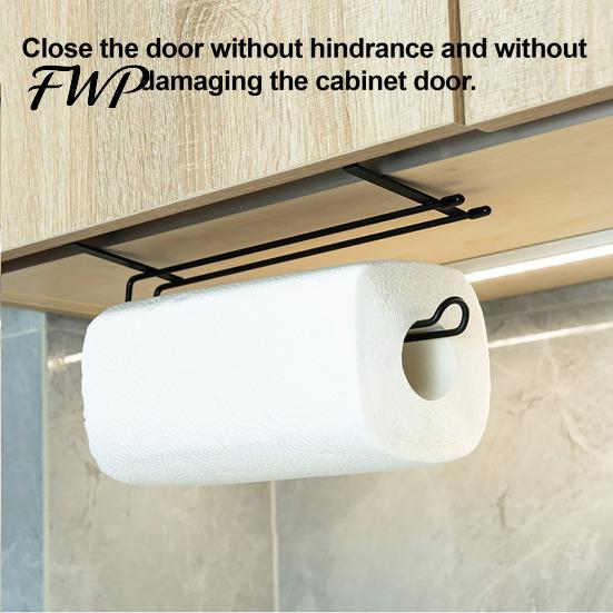 Wall Mounted Kitchen Towel Rack Hanging Paper Rack, Drill-Free Metal Organizer, Space Saving Roll Dispenser Storage for Under Cabinet No Drill