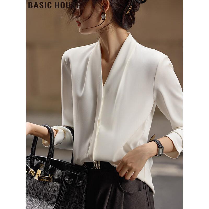 Basic House French Style White V-Neck Long Sleeve Blouse 2XL
