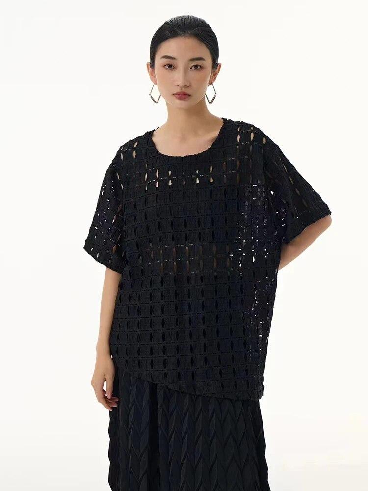 

XITAO асимметричная открытая женская футболка, однотонная, свободная, модная, с коротким рукавом, летняя, с круглым вырезом, простой пуловер, топ LYD1872 One Size чёрный