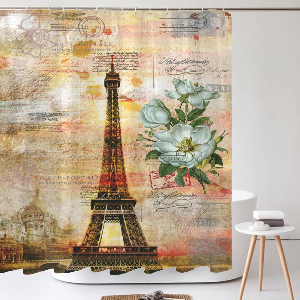 Nordic Retro Paris Tower Printed Shower Curtain With Hooks For Waterproof Polyester Fabric Bathtub Curtains Bathroom Decor