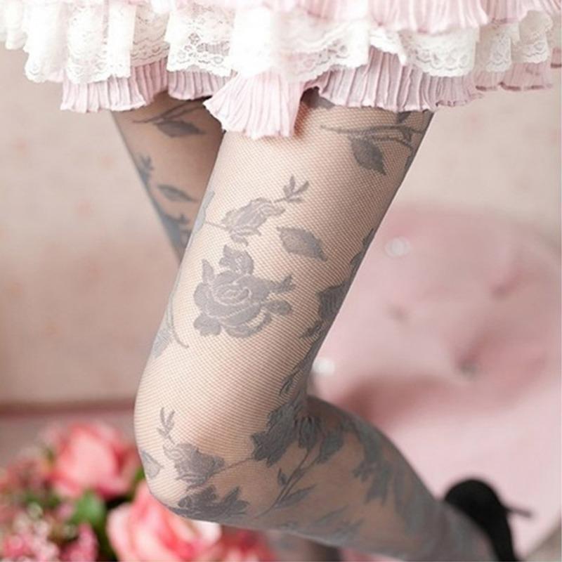 Women Sexy Rose Tattoo Tights Thin Sheer Hollow Out Pantyhose Floral Hosiery Collant Femme Medias Fantaisie