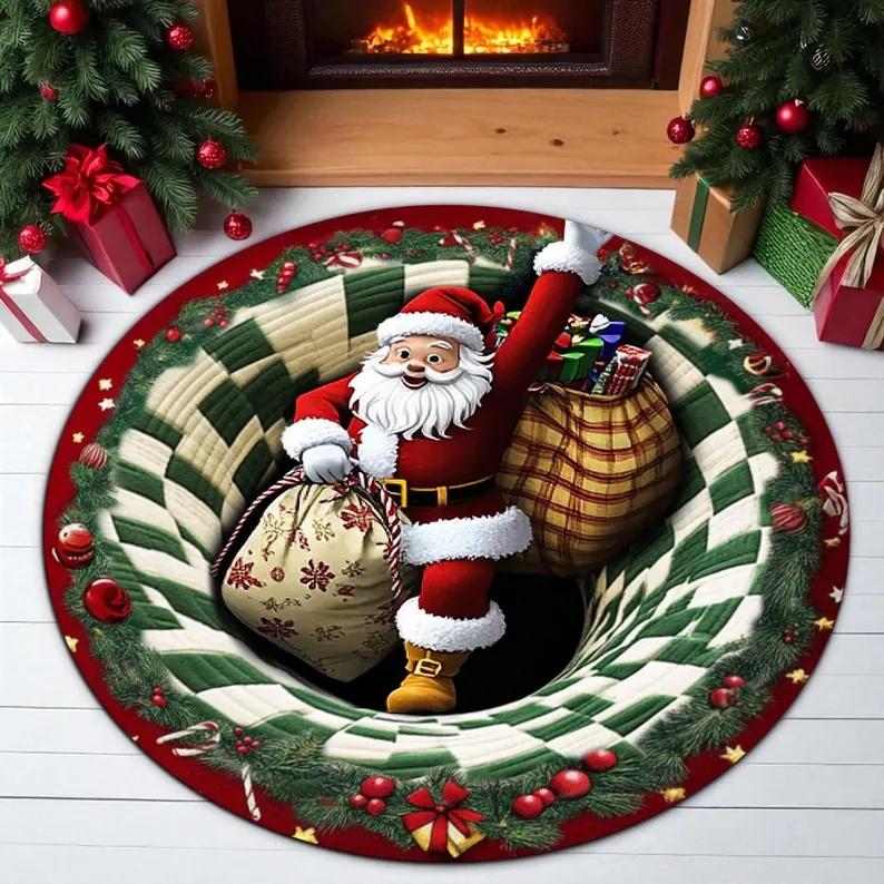 

3D Вихор Санта Клаус Їде На Маленькому Потязі Круглий Килим Візуальна Ілюзія Різдвяна Тема Килим Спальня Нековзна Підлогова Килимок 60cm