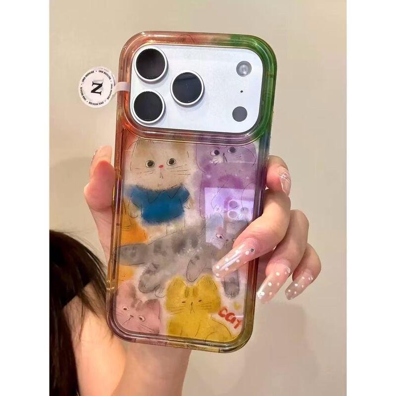 Colorful Graffiti Cat Print Phone Case IPhone 13 14 15 16 17 Pro Max Full Cover Soft Silicone Shockproof