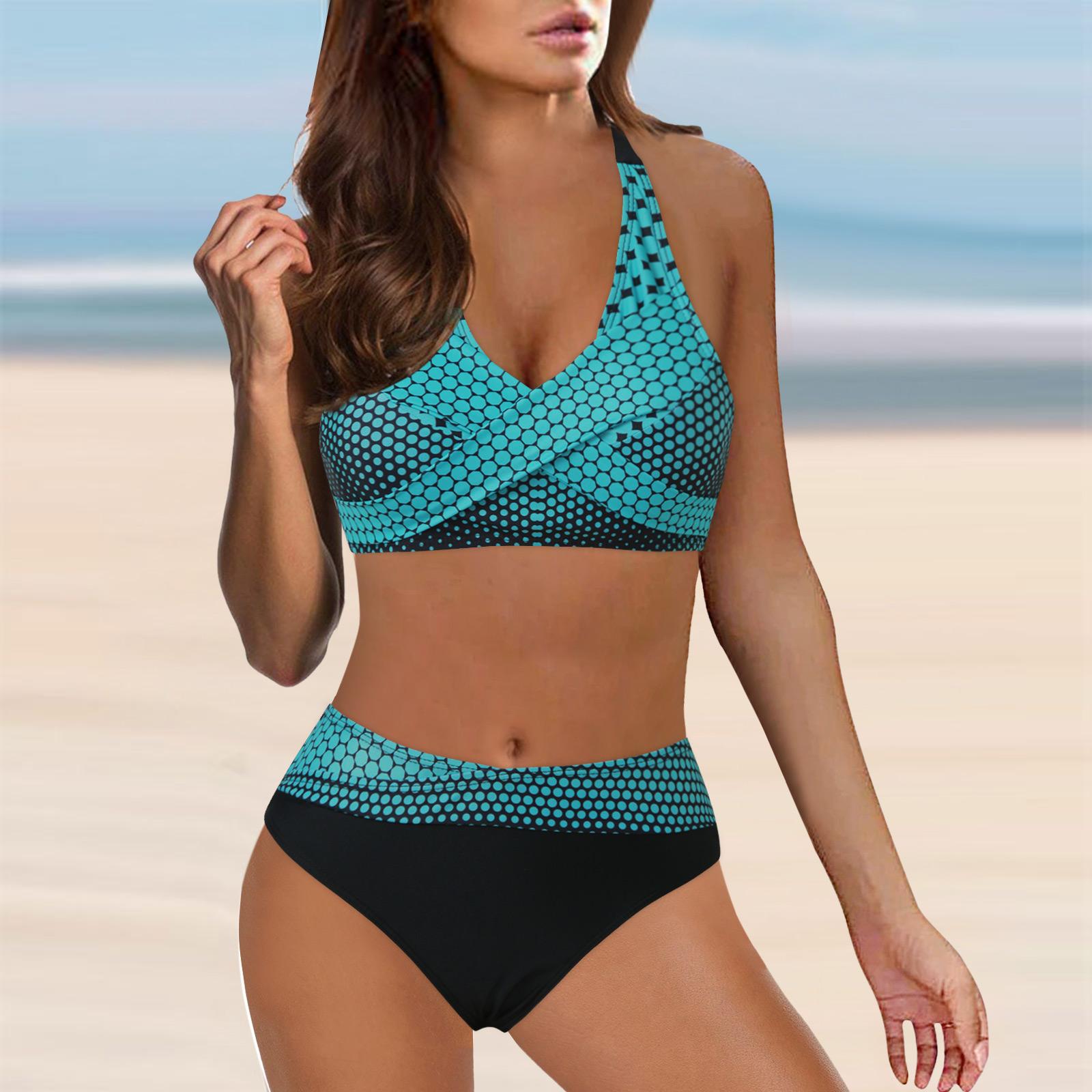 

Женская мода комплект бикини с высокой талией из двух частей цветной блок с цветочным принтом бюст крест бикини купальник XXL мятный зеленый