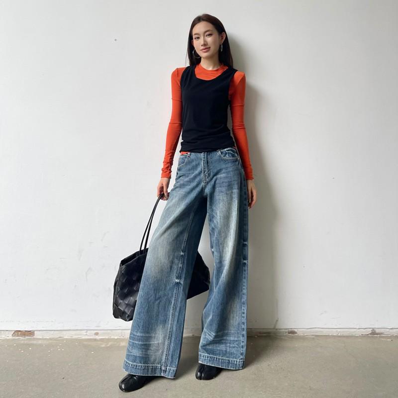 

Vintage Washed High-Waisted Wide Leg Jeans for Women - Winter 2025 Collection, Loose Slimming Fit, Floor-Length. Extra Small