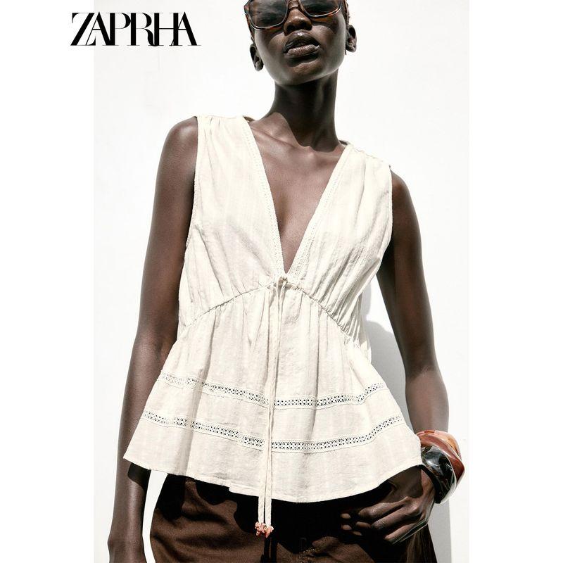 Zaprha 2025 Summer New Sweet Simple Comfortable V-neck Sleeveless Straight Lace Short Jacket 7200032