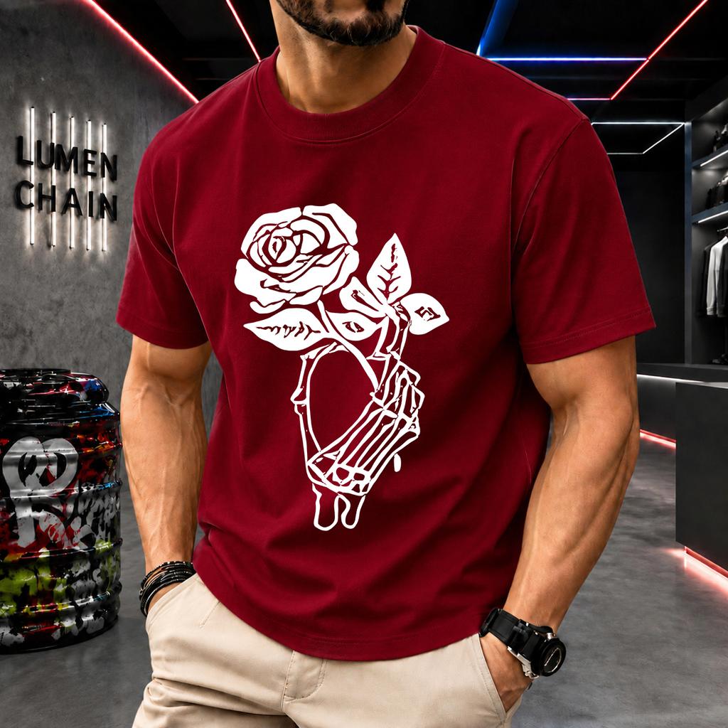 2026 New Cotton Tshirt Skull Hand Holding Rose Gothic Print Crew Neck Short Sleeve Casual Top