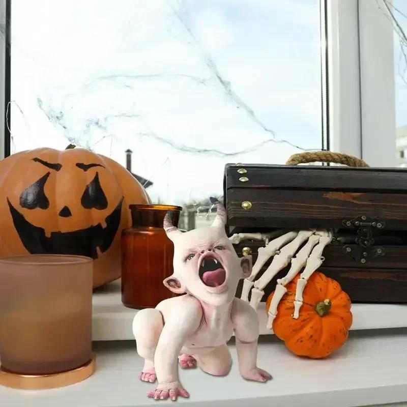 Haunted Horned Zombie Infant Statue - Chilling Halloween Decoration & Sinister Suspended Prop