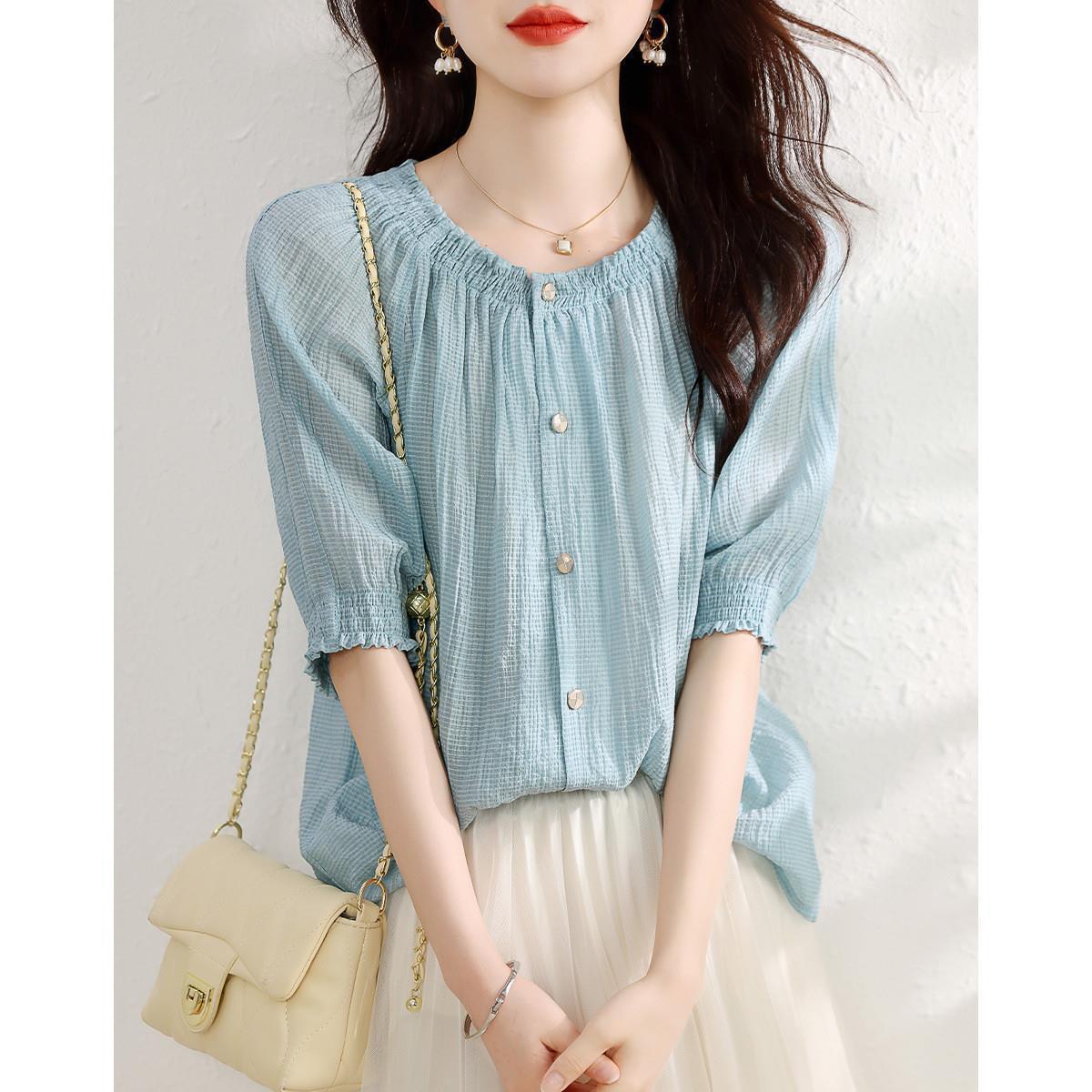 

Летняя новая модная универсальная воздушная рубашка из сирсакера с рукавами-фонариками для поездок на работу, замедляющая старение универсальная рубашка XL синий