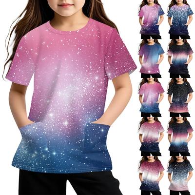 Children's Short Sleeve Pocket Tops Casual  Print T Shirt Round Neck Pullover Blouse