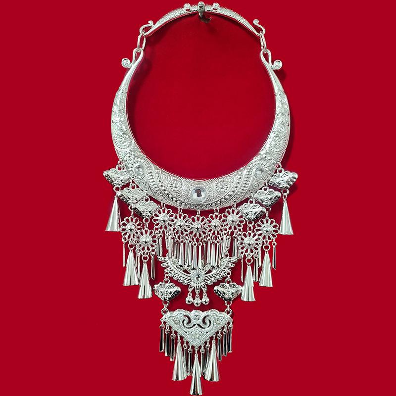 Miao Silver-Plated Gem Rhinestone Tassel Necklace for Hanfu Dance